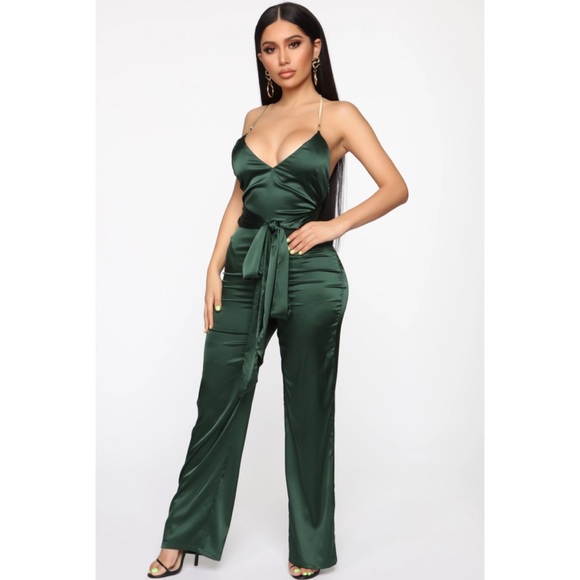 Fashion Nova Pants - (NWT) FASHION NOVA • Hunter Green Satin Jumpsuit